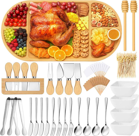 Charcuterie Boards Gift Set Large Bamboo Cheese Board with Ceramic Dip Bowl, Butter Knives Set Kit, Mini Tongs, Spoons, Forks, Honey Sticks, Cocktail Picks for Entertaining Gift for Christmas