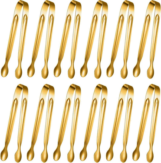 Gejoy 12 Pieces Mini Tongs Stainless Steel Small Sugar Serving Tongs for Charcuterie Board Appetizers Dessert Serving Food Tiny Party Danish Candy(6 Inch,Gold) | Silicone Tip Tongs for Party Serving, Sugar Candy Appetizers Dessert, Safe Grip Small Uten...