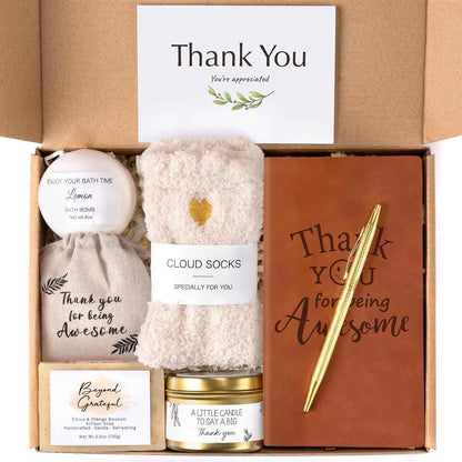 Thank You Gifts for Women, Appreciation Gift Box for Coworkers, Teachers, Nurses, Employee Appreciation Gifts w/ Notebook, Candle, Socks, Relaxation Thank You Spa Gift, Brown