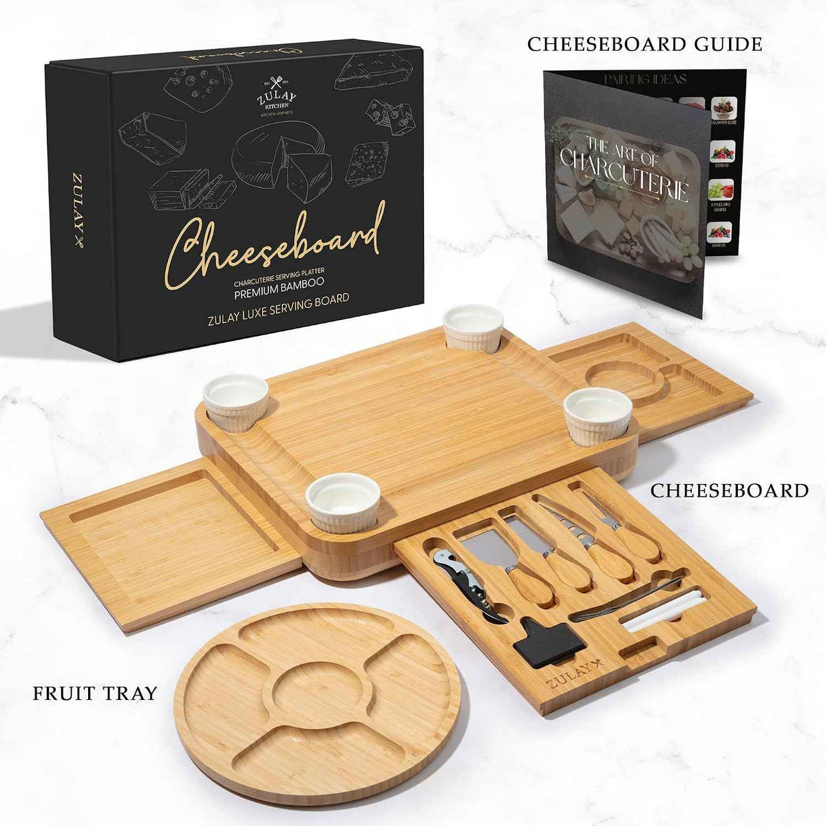 Zulay Charcuterie Board Set Extra Large - Great White Elephant Gift, Housewarming Gift for New Home, Bamboo Cheese Board - Charcuterie with Accessories, Wine and Cheese