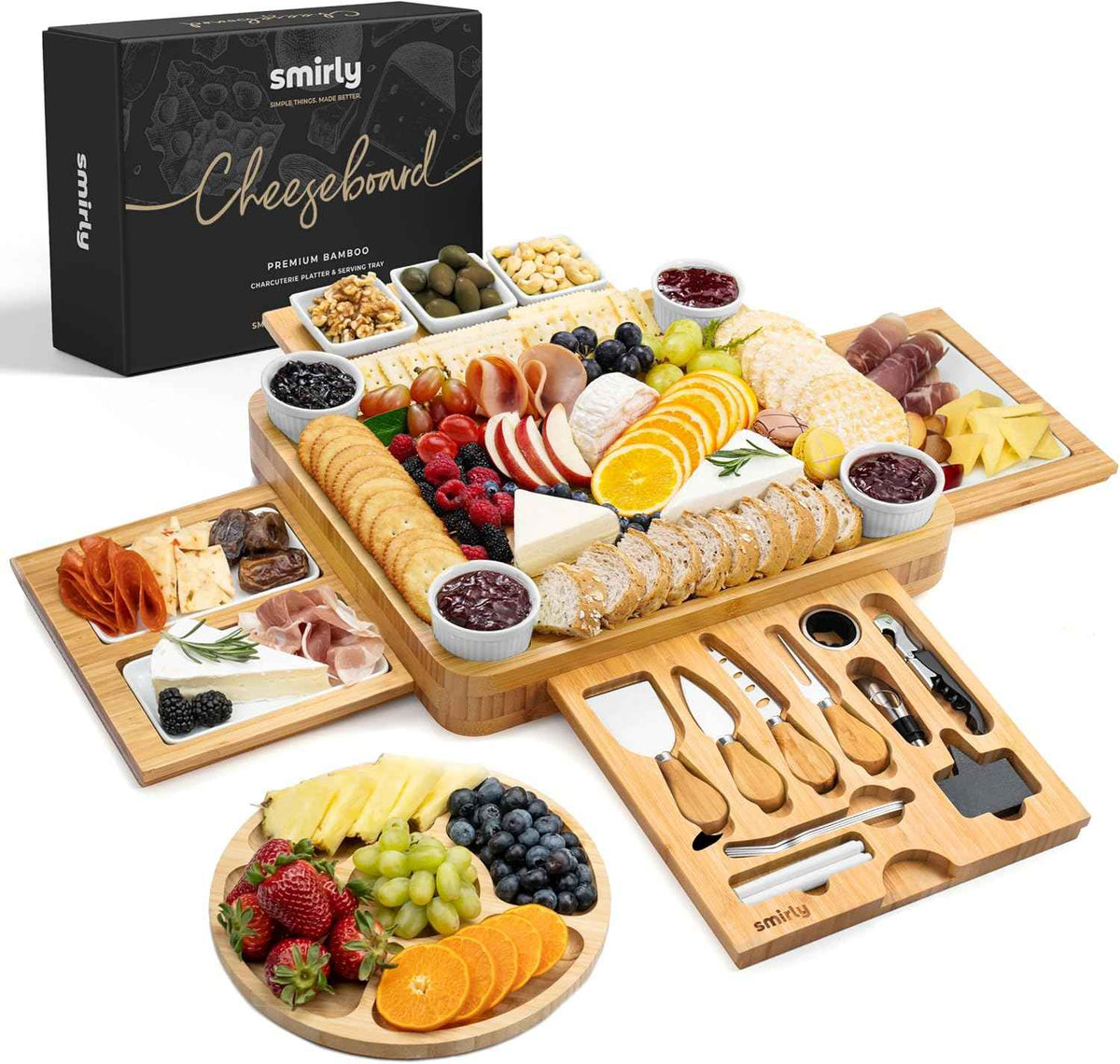 SMIRLY Bamboo Charcuterie Board Set with Cheese Knives, Serving Accessories | Housewarming, Wedding and Holiday Gift for Hosts, Suitable for Parties, Family Gatherings and Serving Charcuterie Spreads