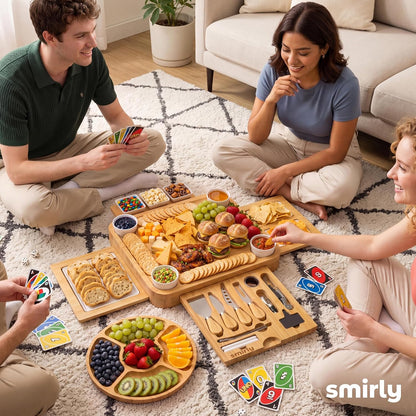 SMIRLY Bamboo Charcuterie Board Set with Cheese Knives, Serving Accessories | Housewarming, Wedding and Holiday Gift for Hosts, Suitable for Parties, Family Gatherings and Serving Charcuterie Spreads
