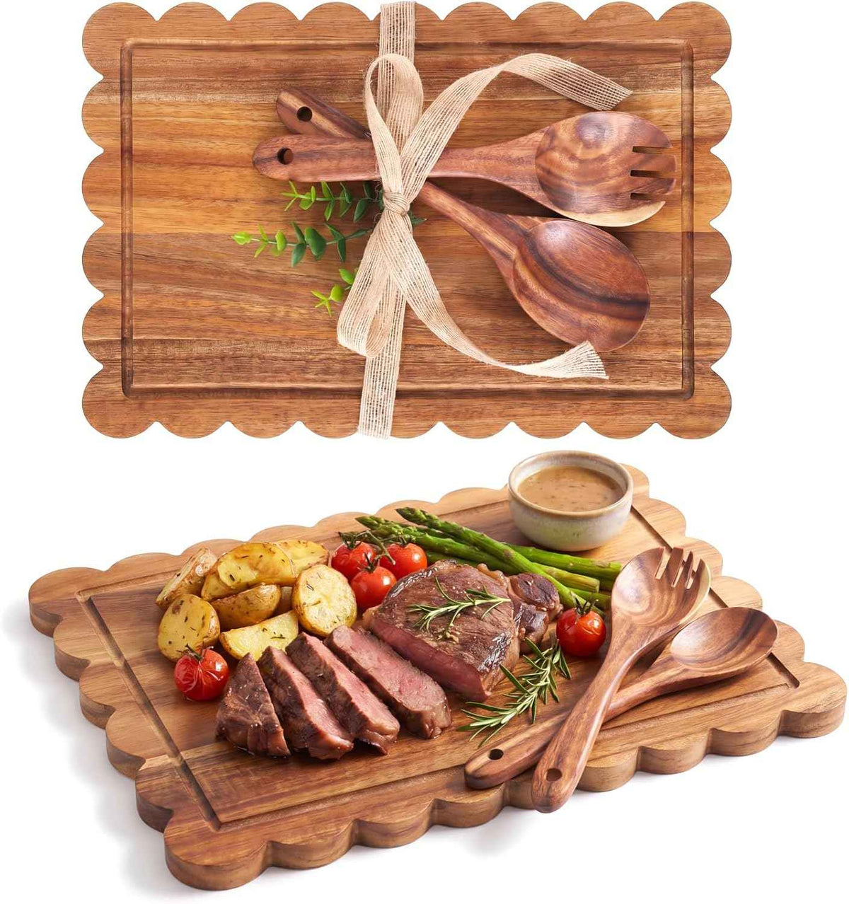 Scalloped Acacia Serving Board & Server Set