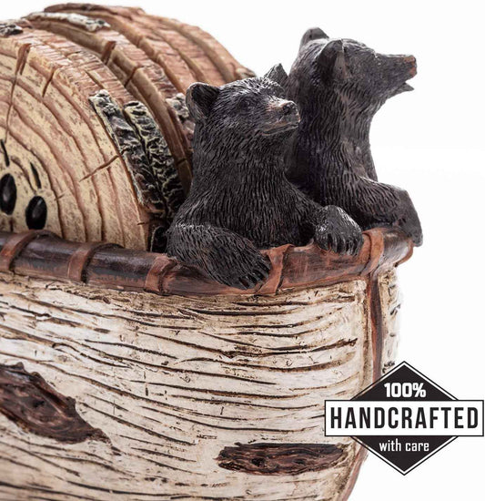 Cabin Obsession Bear Coasters - Set of 6 Full Size Rustic Coasters in Handmade Canoe with Adorable Black Bear Figurines - Log Cabin Decorations, Rustic Lodge Decor for The Home