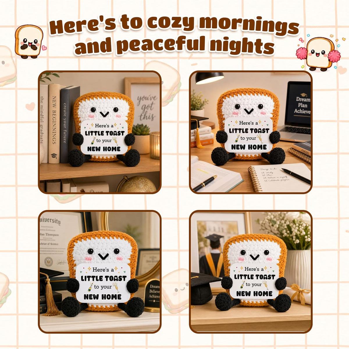 Crochet Toast Housewarming Gift, Cute Positive Toast Crochet with “Here’s a Little Toast to Your New Home”, Funny New Home Gift for Women Men Couples, New Apartment Decor Desk