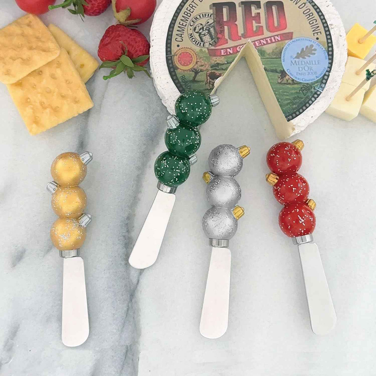 Supreme Housewares Christmas Ornament Cheese Spreaders, Hand-Painted Resin Handles with Stainless Steel Blades for Spreading Cream Cheese, Butter, Jam, or sandwich, Assorted Colors, Set of 4