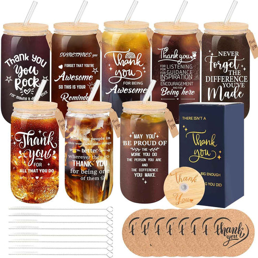 8 Set Employee Appreciation Gifts Glass Cups, 16oz Can Coffee Cups | Beer glass cup, thank you gifts for staff coworker, gift box, hanging cards and coaster, birthday gift for team, men, women