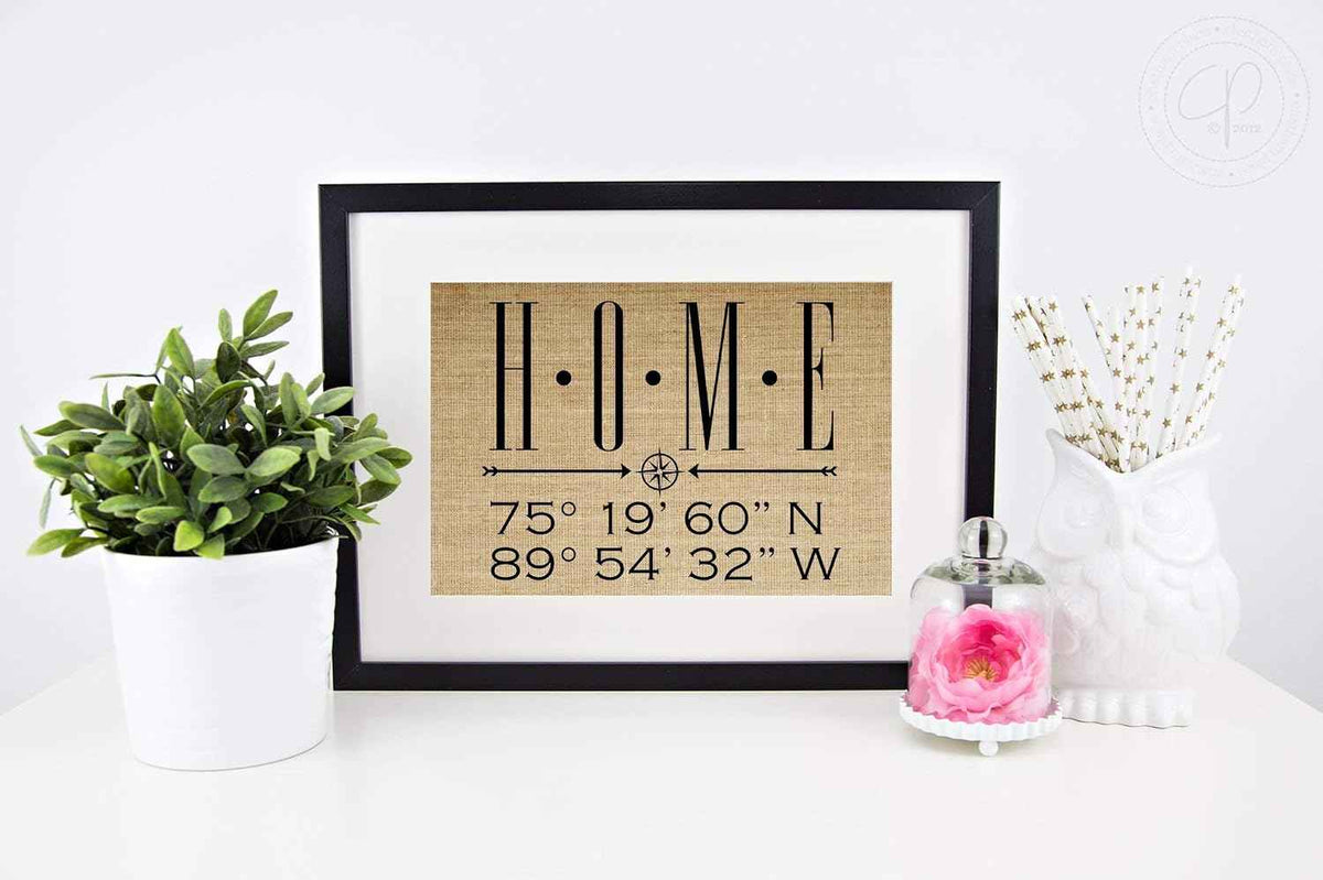 Personalized Housewarming Gifts for New Home Decor, Homeowner, Wedding, Anniversary, Real Estate Closing, Latitude Longitude (8x10 or 11x14 Burlap Print)