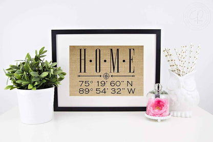 Personalized Housewarming Gifts for New Home Decor, Homeowner, Wedding, Anniversary, Real Estate Closing, Latitude Longitude (8x10 or 11x14 Burlap Print)