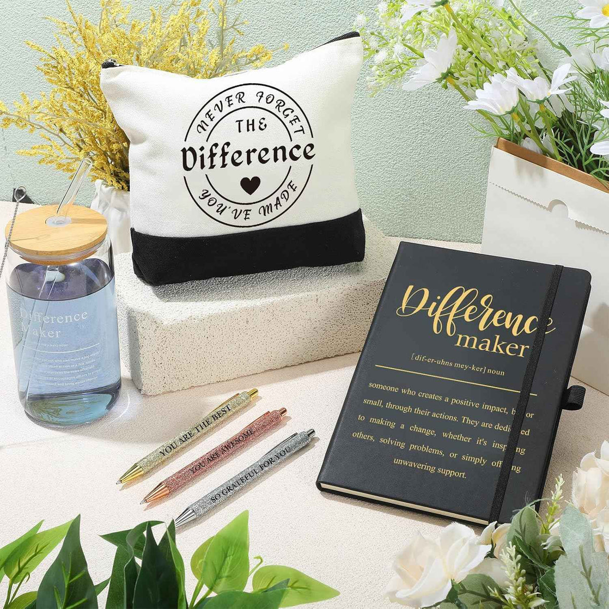 Funnymoom 7 Pcs Difference Maker Gift for Women | Thank You Gifts, Employee Appreciation Gifts Set Includs Tote Bag Leather Journal Pen Tumbler Makeup Bag for Teacher Nurse