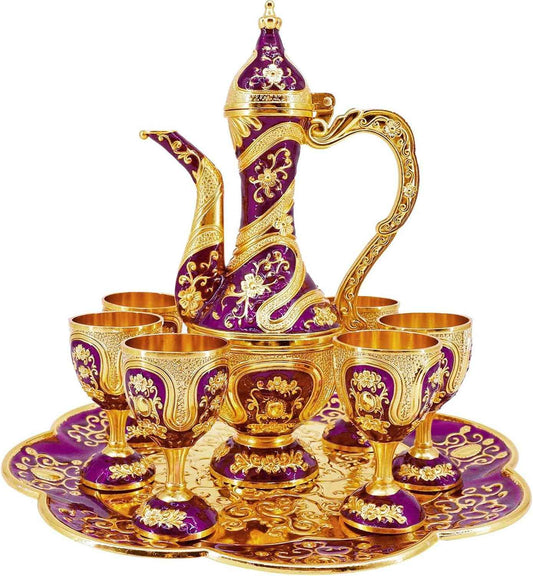 Turkish Tea Coffee Cup and Pot Set Including Teapot,Tea Tray,6 Cups | Vintage Metal,Service set Table Cabinet,Hip Flask Home Party Decor,Middle Eastern, Greek style (Gold and Purple)