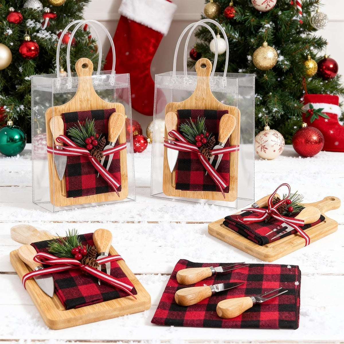 6 Set Christmas Cutting Board Gift Bulk Wooden Cheese Charcuterie Board | with Knives Forks Red Berry Towels Gift Bags Kitchen Housewarming Gifts for Neighbor Guest Xmas Holiday Party Decor