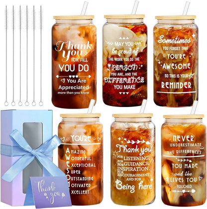 6-Pack Employee Thank You Gifts Glass Cups, 16oz Coffee Cups | Beer glass tumbler with lids, thank you gifts for staff, gift box with card, suitable for team/coworker/men/women/friends
