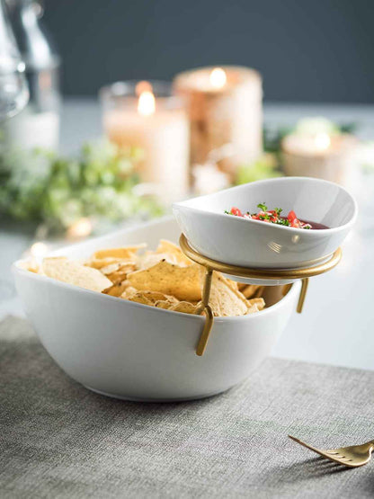 Miamolo 2 Tier Serving Bowl Set and Removable Rack for Chip and Dip | Ceramic Serving Dishes Set with 2 Compartment, for Snacks, Appetizer, Salad, Fruit | Microwave & Dishwasher Safe, Gold Stand