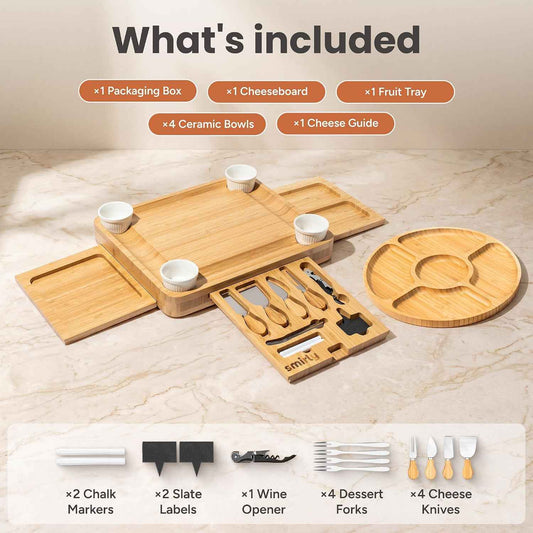 SMIRLY Charcuterie Boards Set, Large Cheese Board Set, Bamboo | House Warming Gift, Wedding Gift for Couple, Bridal Shower Gift, Cheese Board Gift Set, Detachable Drawer Design, 3-Drawer