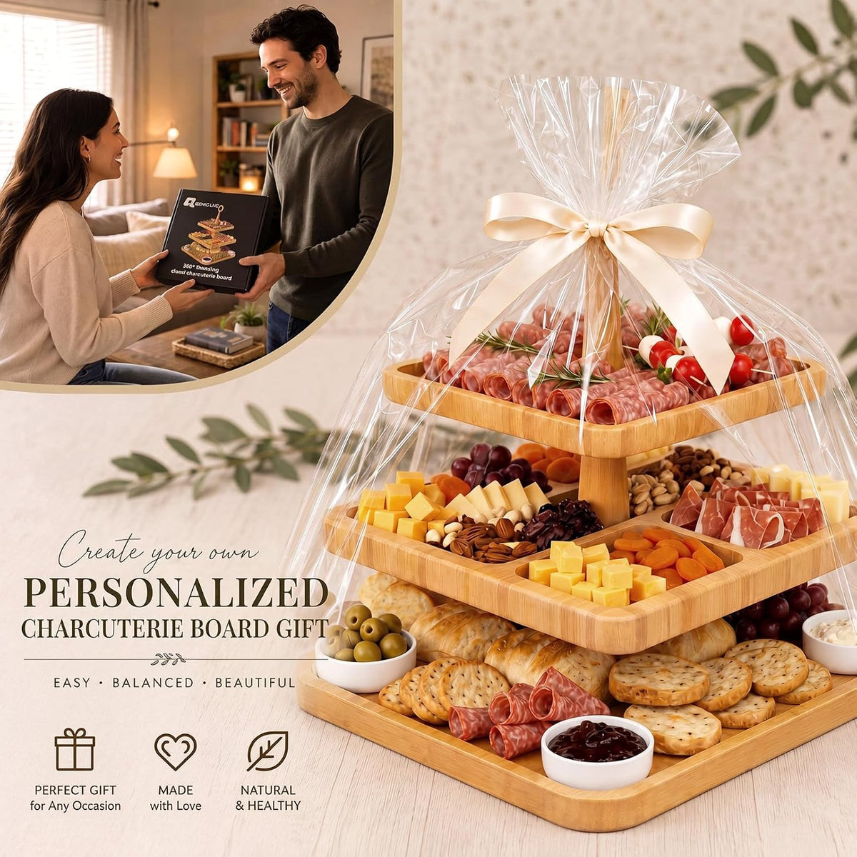 Qunclay 3-Tier Charcuterie Board 360° Rotating Lazy Susan Serving Tray | Wooden Tiered Serving Set with 4 Bowls, 12 Forks, Honey Sticks, Swivel Design for Party, Wedding, Housewarming