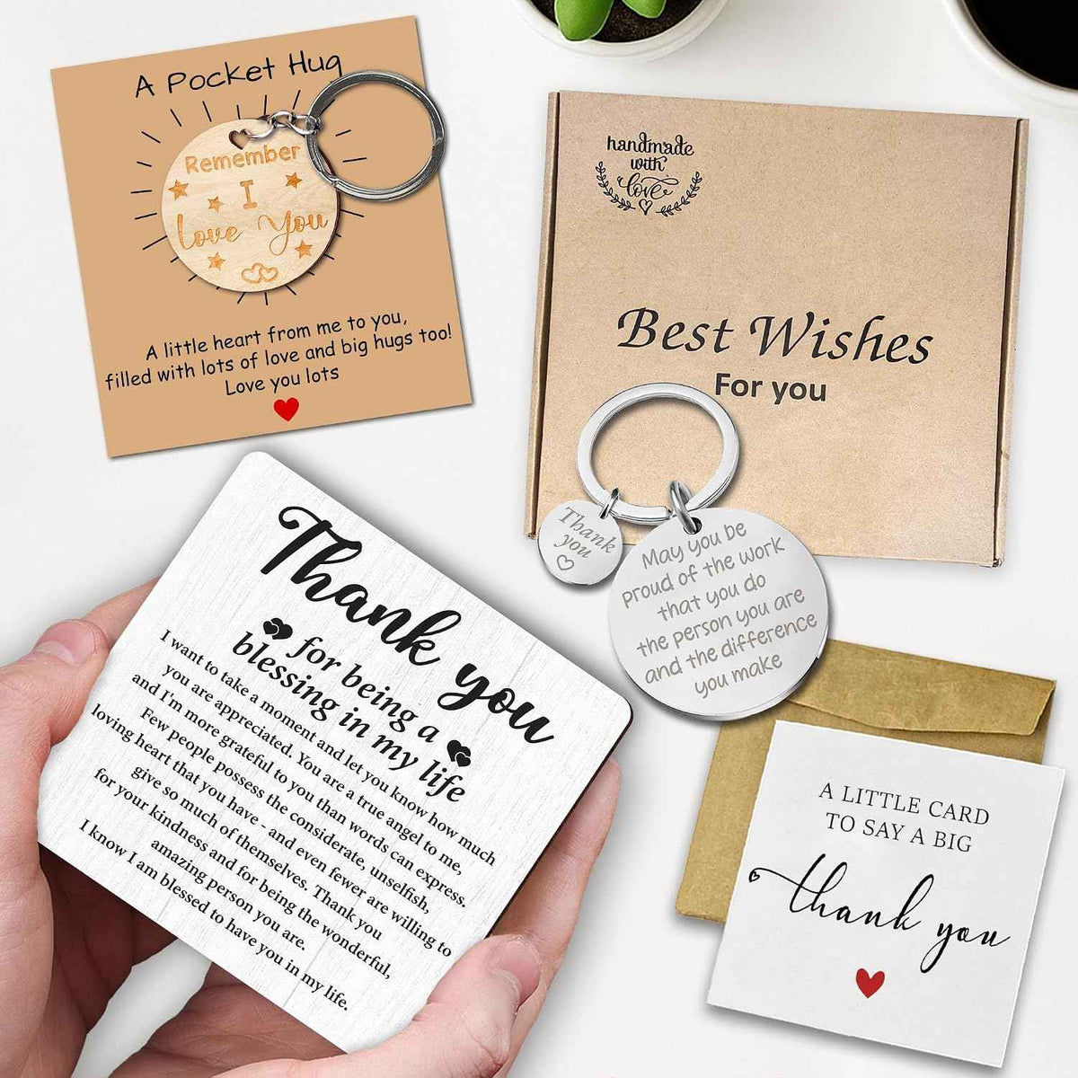 Thank You Gifts for Coworkers, Teacher, Boss, Nurse, Employee, Pastor | Appreciation Gifts for Going Away, Retirement, Thanksgiving Desk Decor with Plaque, Pocket Hug, Keychain, Card FF751