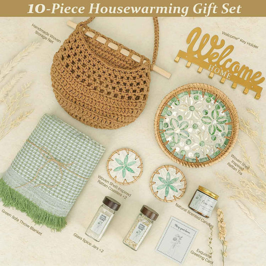 House Warming Gifts New Home | 10PCS New House Gift Basket with Rattan Tray | Natural Woven Home Décor Set for Homeowners, Couples, Women | Modern Boho NewHome Gift Ideas Realtor Closing Gifts