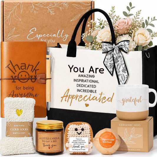 Thank You Gifts for Women, Employee & Teacher Appreciation Gifts Set for Coworker Boss Mentor Secretary Nurse Administrative Professional, Thank You Gift Baskets Ideas w/ Tote Bag Ceramic Mug