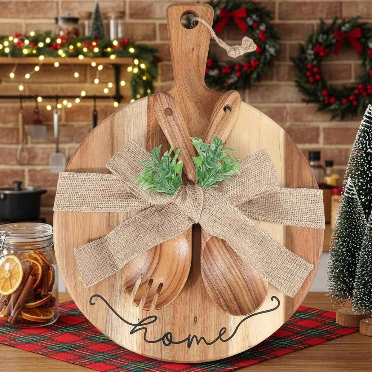 Patelai Wooden Cutting Board with Spoon Fork, Round Charcuterie Board | Housewarming Hostess Gift with Ribbon Decoration, Natural Wood Handle, Serves Cheese Fruit Bread Salad
