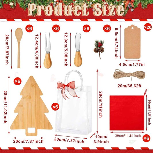 Acellegic 6 Sets Christmas Cheese Cutting Board Gift Set, Christmas Kitchen Gifts Bamboo Charcuterie Board with Fork Spoon Butter Knives Towels Bags Tags Ribbon Housewarming Gift (Xmas Tree)