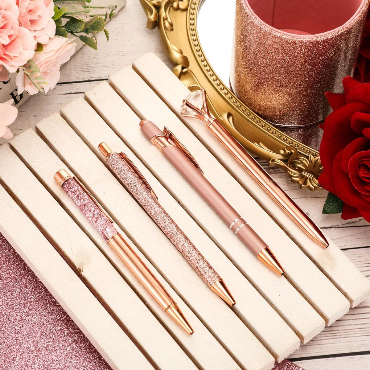 Sabary 8 Pcs Rose Gold Diamond Pens with Glitter Desk Pen Holder for Women