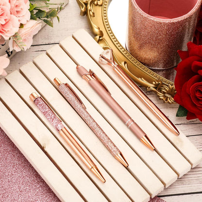 Sabary 8 Pcs Rose Gold Diamond Pens with Glitter Desk Pen Holder for Women