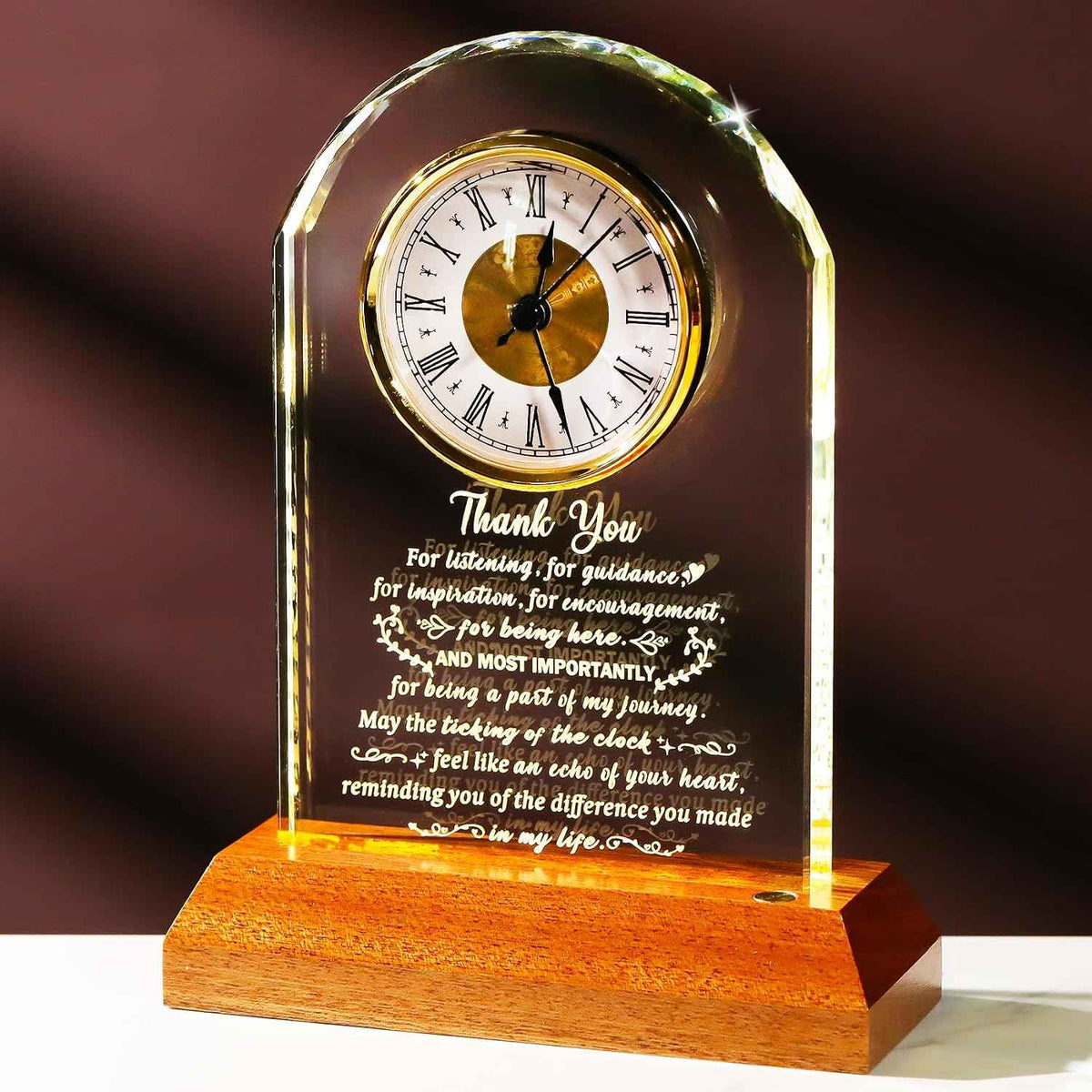 Arikyrist Thank You Gifts for Women Men Glass Clock Appreciation Gift | For Coworkers Friends Teachers Pastor Employee, Inspirational Presents, with Wooden Light Base, Office Desk Clock Decor