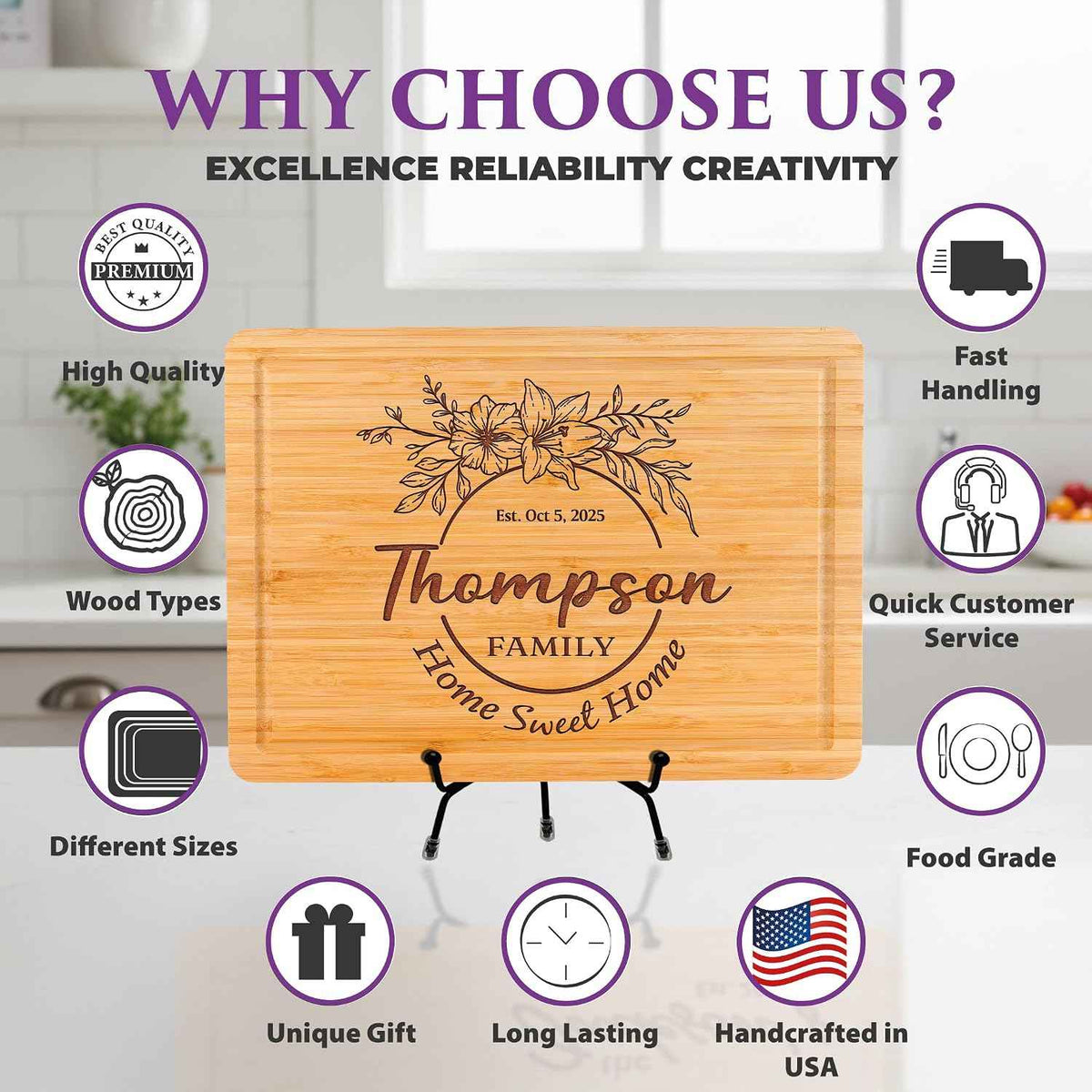 Personalized Cutting Board with Home Sweet Home Design, Custom Engraved Housewarming Gift for Friends, New Home, Realtor Closing Gift for Clients, Kitchen Decor, Neighbors or First-Time Home Buyers