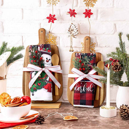 Fanfanwin 6 Sets Christmas Kitchen Gifts Pine Branches Acacia Cutting Board Cooking Spoon Towel Ribbon for Xmas Decoration Friends Family Client Homeowner Apartment Closing Housewarming Favors