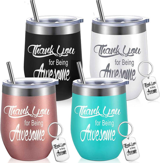 Suclain 4 Sets Employee Appreciation Gifts Thank You Gifts Staff Coworker Thank You Wine Tumbler with Lid Straw Appreciation Keychain Stainless Steel Tumbler (Multicolor)