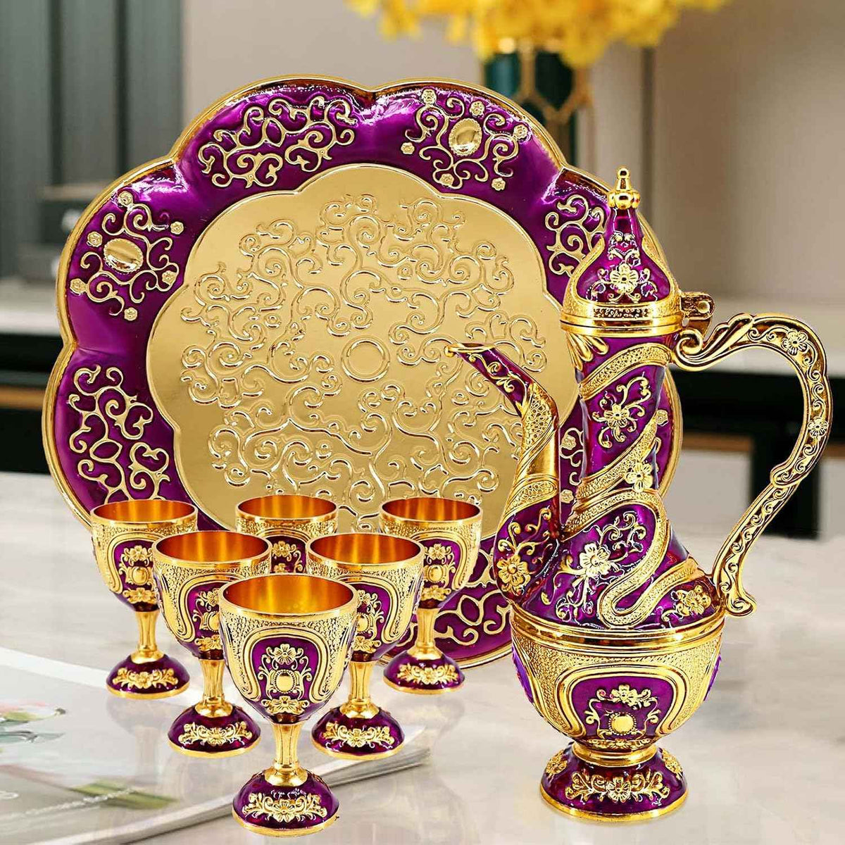Turkish Tea Coffee Cup and Pot Set Including Teapot,Tea Tray,6 Cups | Vintage Metal,Service set Table Cabinet,Hip Flask Home Party Decor,Middle Eastern, Greek style (Gold and Purple)