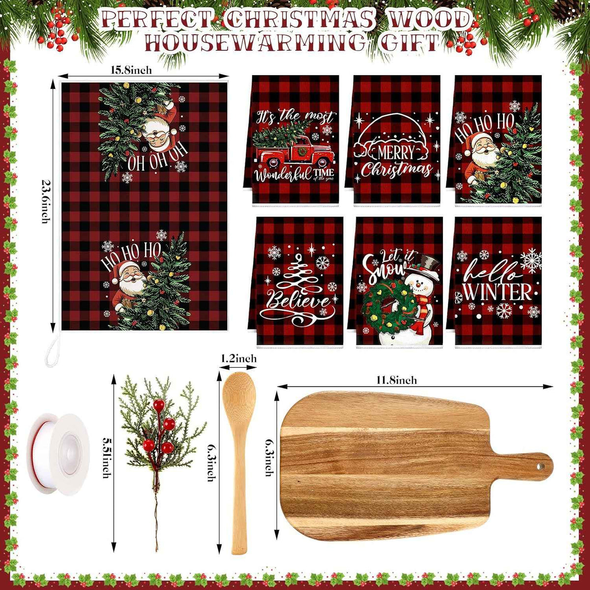 Fanfanwin 6 Sets Christmas Kitchen Gifts Pine Branches Acacia Cutting Board Cooking Spoon Towel Ribbon for Xmas Decoration Friends Family Client Homeowner Apartment Closing Housewarming Favors