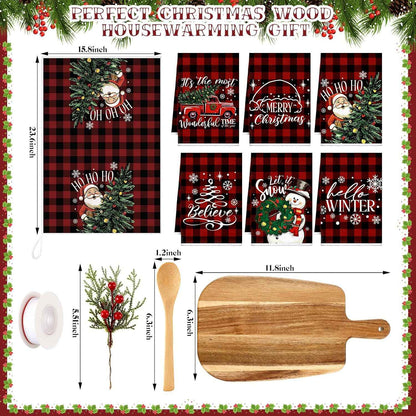 Fanfanwin 6 Sets Christmas Kitchen Gifts Pine Branches Acacia Cutting Board Cooking Spoon Towel Ribbon for Xmas Decoration Friends Family Client Homeowner Apartment Closing Housewarming Favors