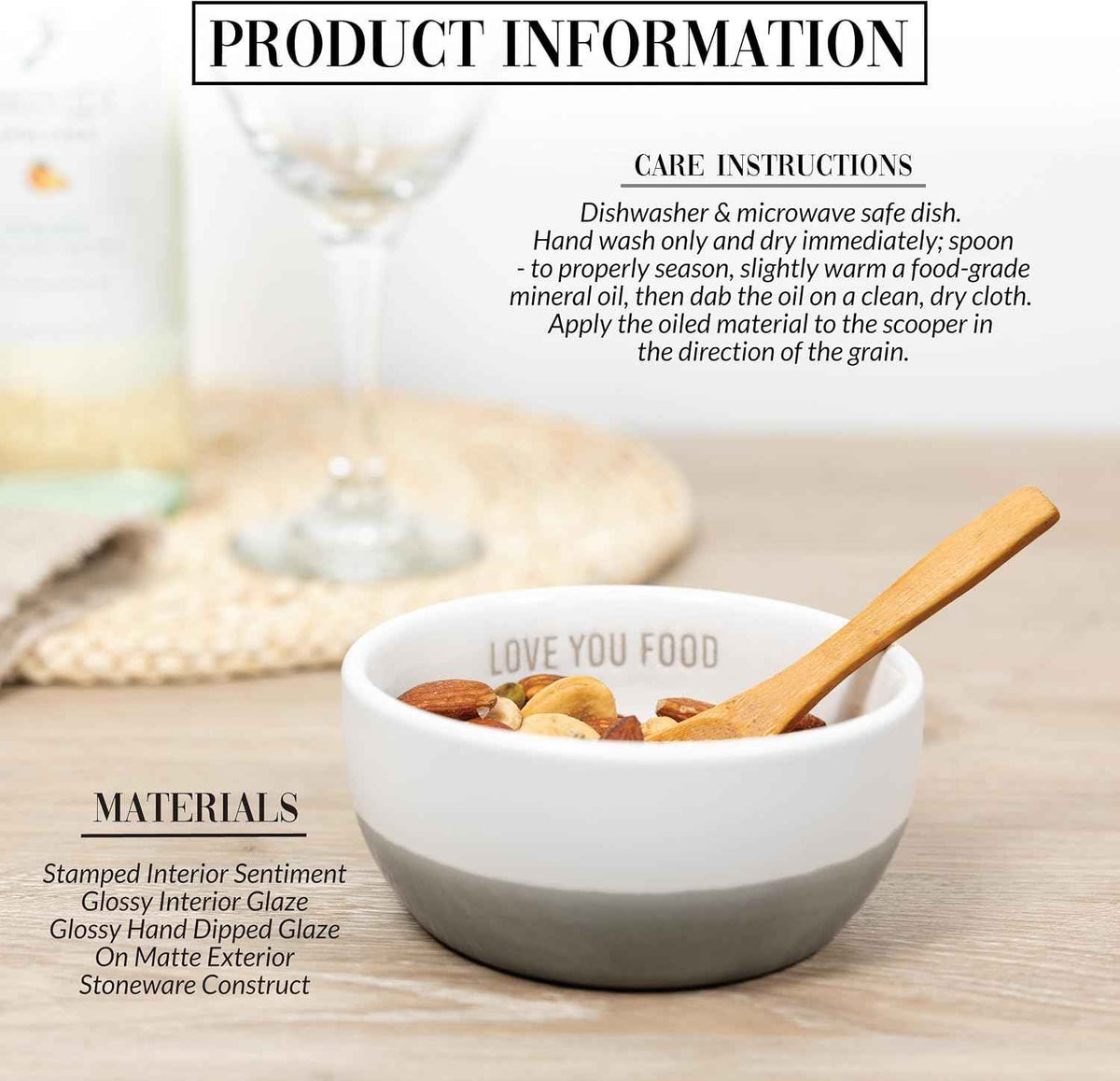 Pavilion Gift Company - Love You Food - 4.5" Bowl with 4.75" Bamboo Spoon Housewarming Appartment-Warming Hostess New Home Gift Present