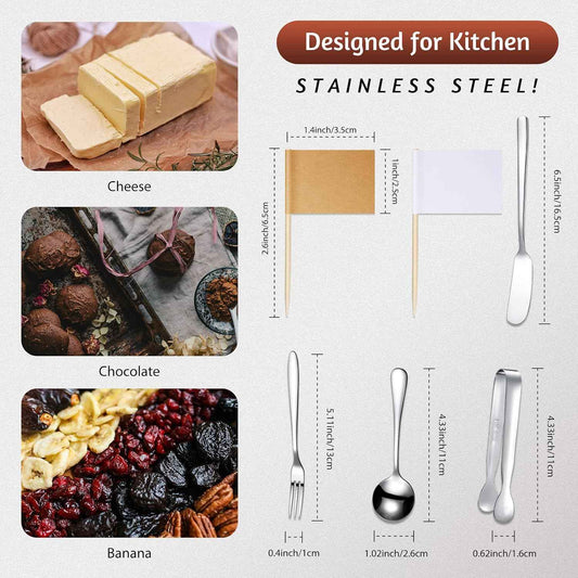 Patelai 14 Pcs Charcuterie Utensils Cheese Knives Forks,Silver | Stainless Steel Mini Serving Set for Appetizers, Includes Butter Spreaders Tongs Condiment Spoons, Board Accessories