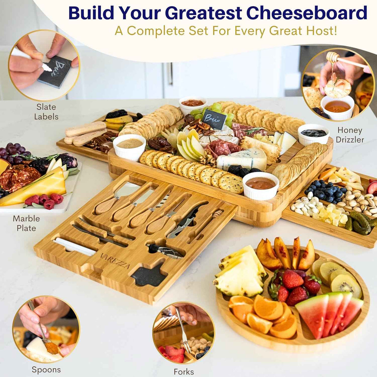 Extra Large Charcuterie Boards Gift Set: Marble Bamboo Cheese Board Set- Unique for Mom, 23 Entertaining Accessories, Christmas, Wedding Gifts for Couple, House Warming Gifts Home