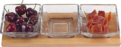 Badash Crystal Serving Bowl Set - 4-Piece 4" Square Bowls & Wood Tray Hostess Set - Handcrafted Food-Safe Lead-Free Crystal Glass Serving Piece