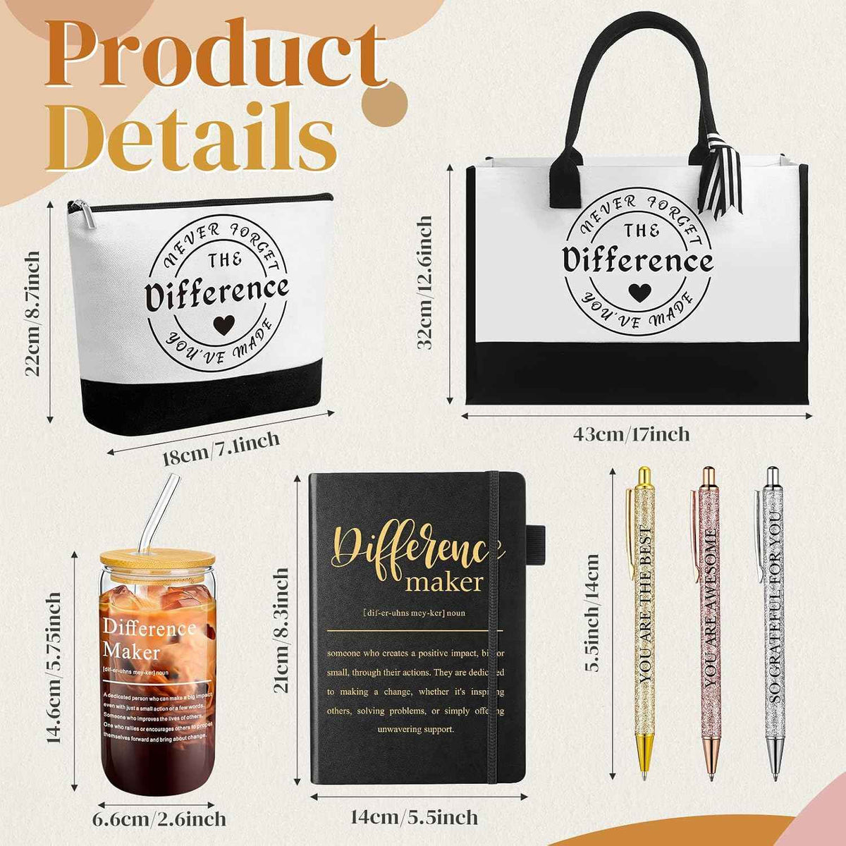 Funnymoom 7 Pcs Difference Maker Gift for Women | Thank You Gifts, Employee Appreciation Gifts Set Includs Tote Bag Leather Journal Pen Tumbler Makeup Bag for Teacher Nurse