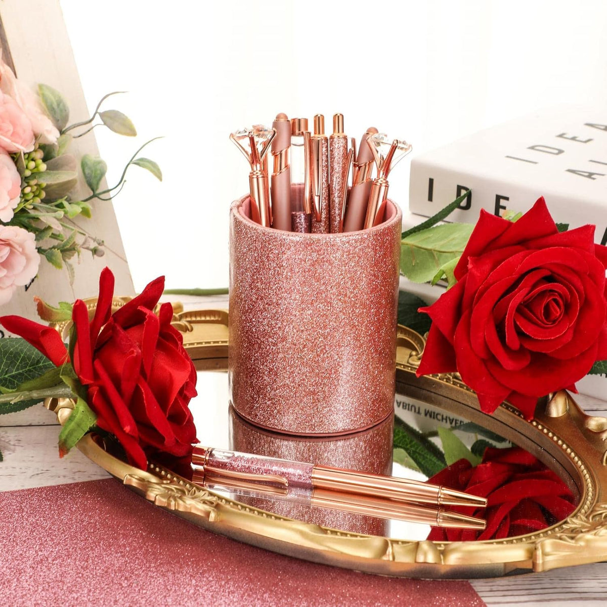 Sabary 8 Pcs Rose Gold Diamond Pens with Glitter Desk Pen Holder for Women