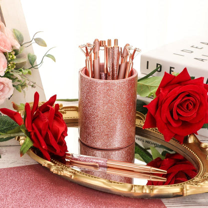 Sabary 8 Pcs Rose Gold Diamond Pens with Glitter Desk Pen Holder for Women