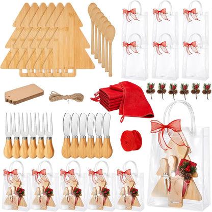 Acellegic 6 Sets Christmas Cheese Cutting Board Gift Set, Christmas Kitchen Gifts Bamboo Charcuterie Board with Fork Spoon Butter Knives Towels Bags Tags Ribbon Housewarming Gift (Xmas Tree)