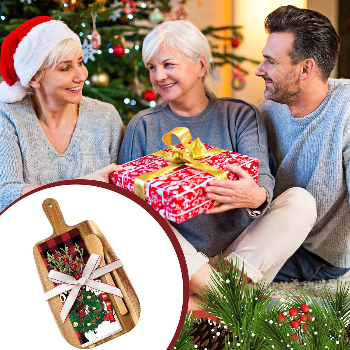 Fanfanwin 6 Sets Christmas Kitchen Gifts Pine Branches Acacia Cutting Board Cooking Spoon Towel Ribbon for Xmas Decoration Friends Family Client Homeowner Apartment Closing Housewarming Favors