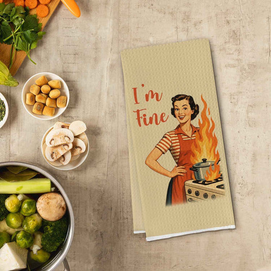 Funny Housewife Kitchen Towels, Retro Housewife Sarcastic Hand Towel for Kitchen Decor, I'm Fine Hostess Gift, 16x24 Inch