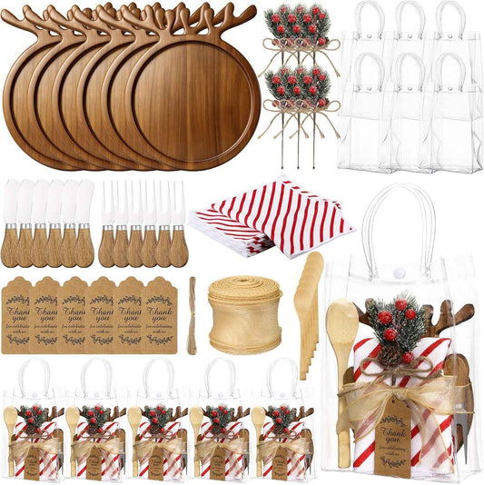 Potchen 6 Set Christmas Kitchen Gifts Wood Cheese Board Fork Spoon Butter Spreaders Dish Cloth Thank You Card Ribbon and Gift Bags for Merry Christmas Cooking Serving Xmas Utensils Gifts (Reindeer)