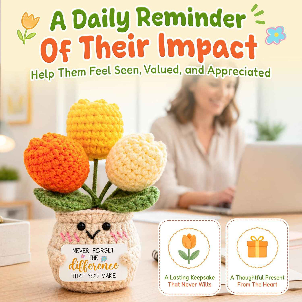OASSIE Thank You Gifts for Women, Coworker Gifts - Positive Crochet Tulip | Employee Gift, Emotional Support, Crochet Flower, Handmade Keepsake, Soft Yarn Texture, Home Office Decor