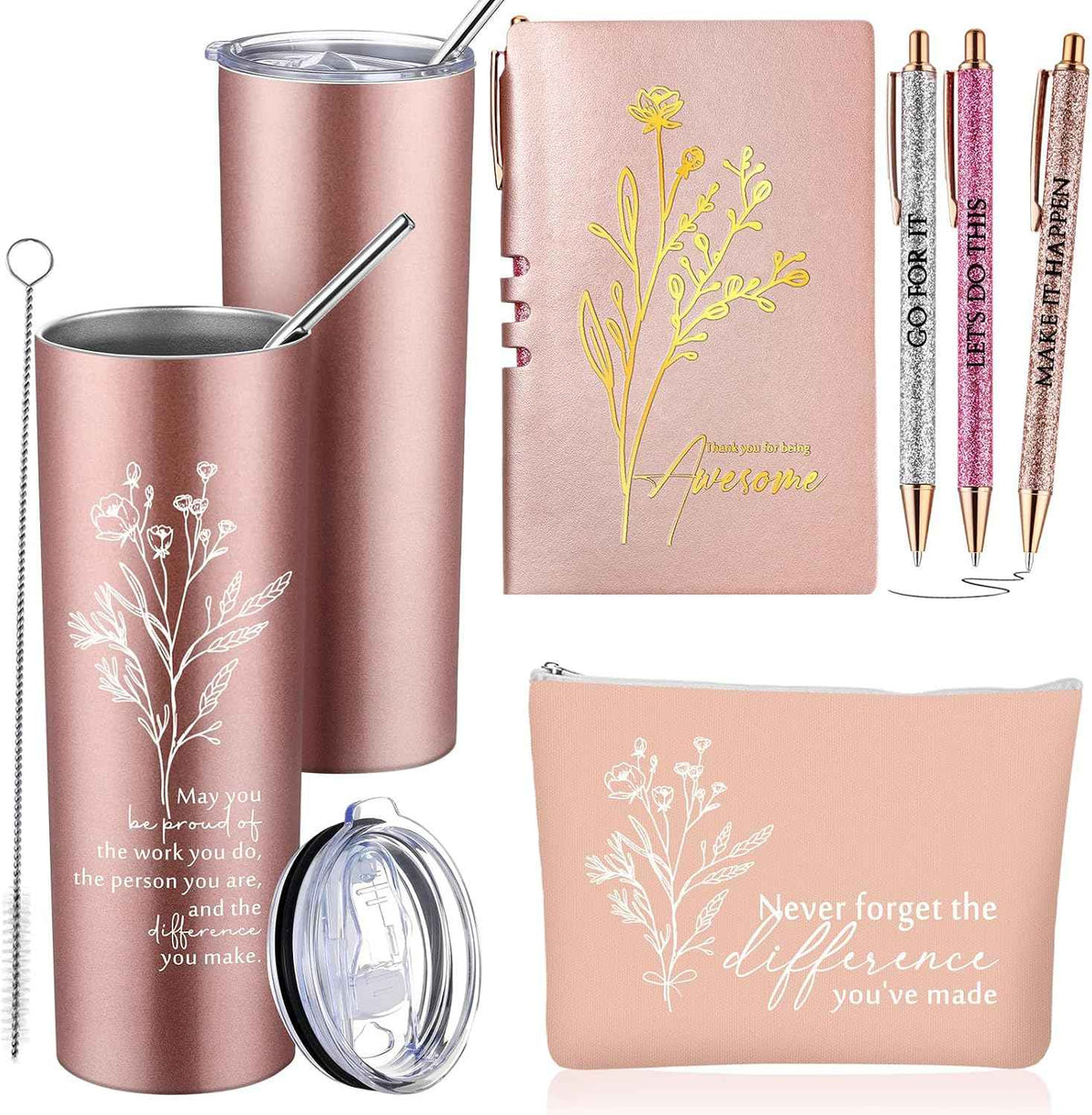 Funnymoom 6 Pcs Employee Appreciation Gift Thank You May You Be Proud 20 oz Boho Flower Tumbler Makeup Bag A6 Journal Pens for Back to School Gifts for Coworker Staff Women Men Nurse Teacher (Pink)