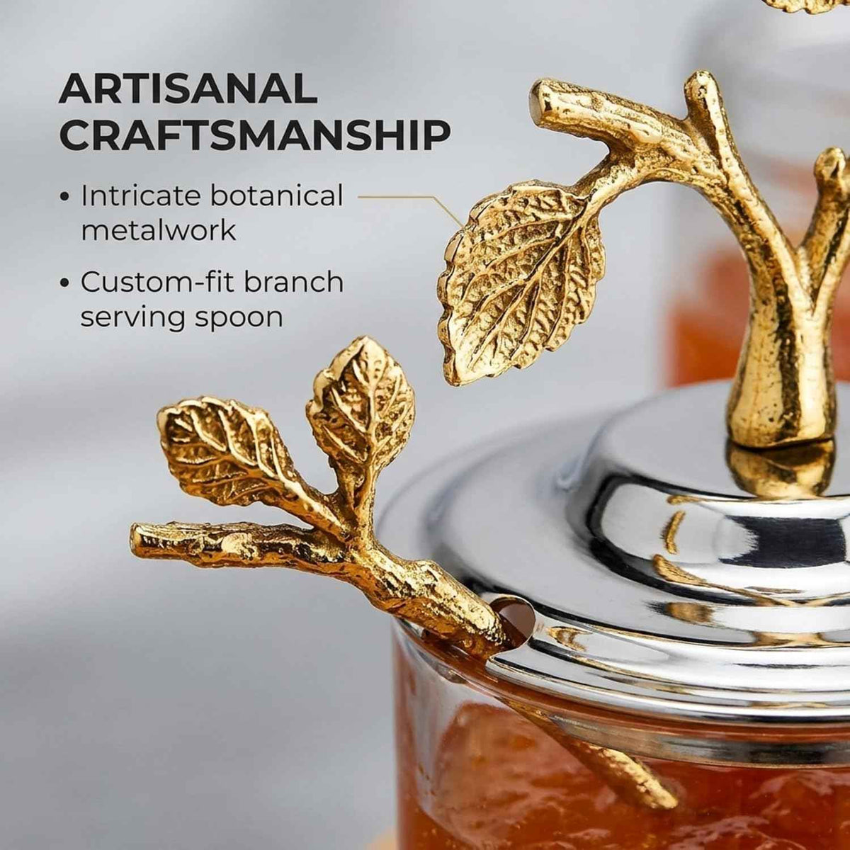 Godinger Elegant Leaf Jam & Honey Jar with Spoon – Stylish Stainless Steel & Glass Dish For Condiments, Sugar & Spreads – Decorative Serveware for Breakfast, Tea, Entertaining & Housewarming Gifts