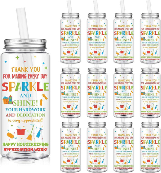 Vesici 12 Pcs Housekeeping Week Gift 14.2oz Thank You Gifts Inspirational Tumbler with Lid and Straw Plastic Reusable Tumbler Bulk Cold Drinking Cup for Women Men Coworker Stuff