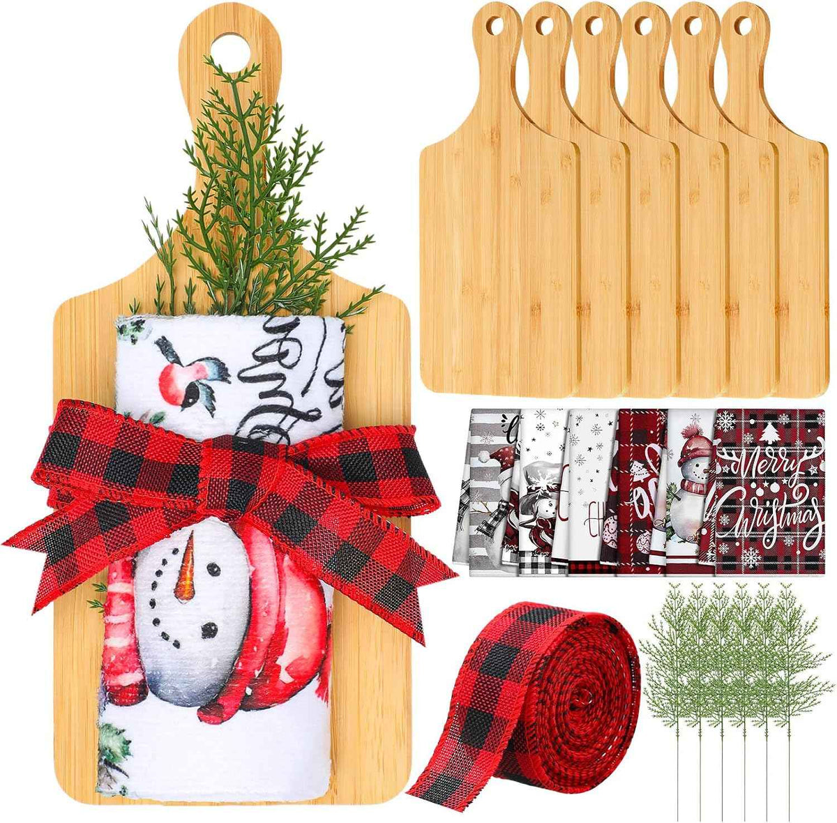 Hahafelt 6 Set Christmas Charcuterie Board Set Xmas Kitchen Gift for Housewarming Gifts New Home Square Wooden Cutting Cheese Board Chopping Serving Tray with Towel Pine Leaf Decoration Holiday Gift